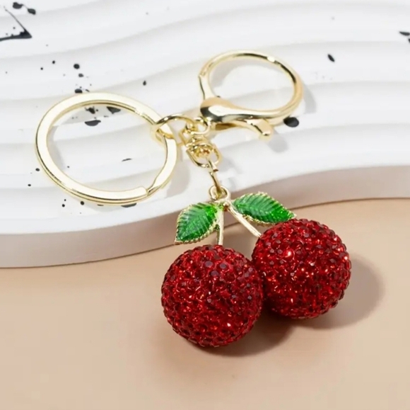 Red,White,Pink Cherry Keychain/charm with Gold And Plant Accents(You Choose 1) - Picture 5 of 6